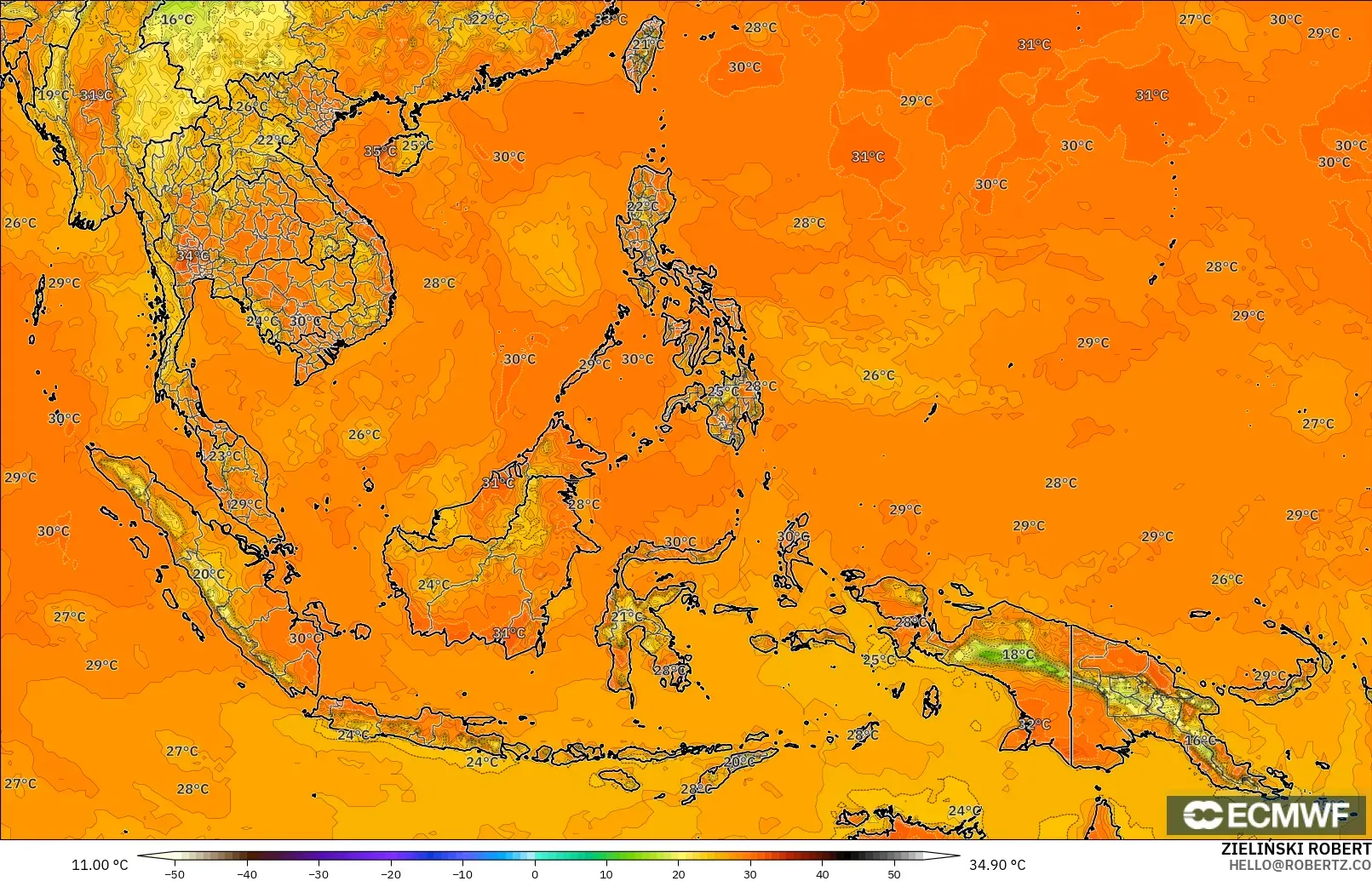 ECMWF IFS 0,25° modelo - Sudeste Asiático, Temperatura a 2 m