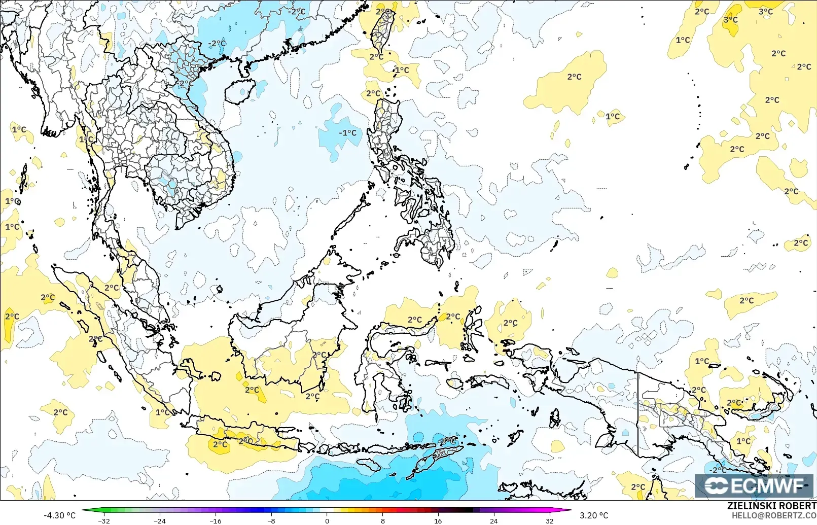 ECMWF IFS 0,25° modelo - Sudeste Asiático, Anomalia de temperatura a 850 hPa