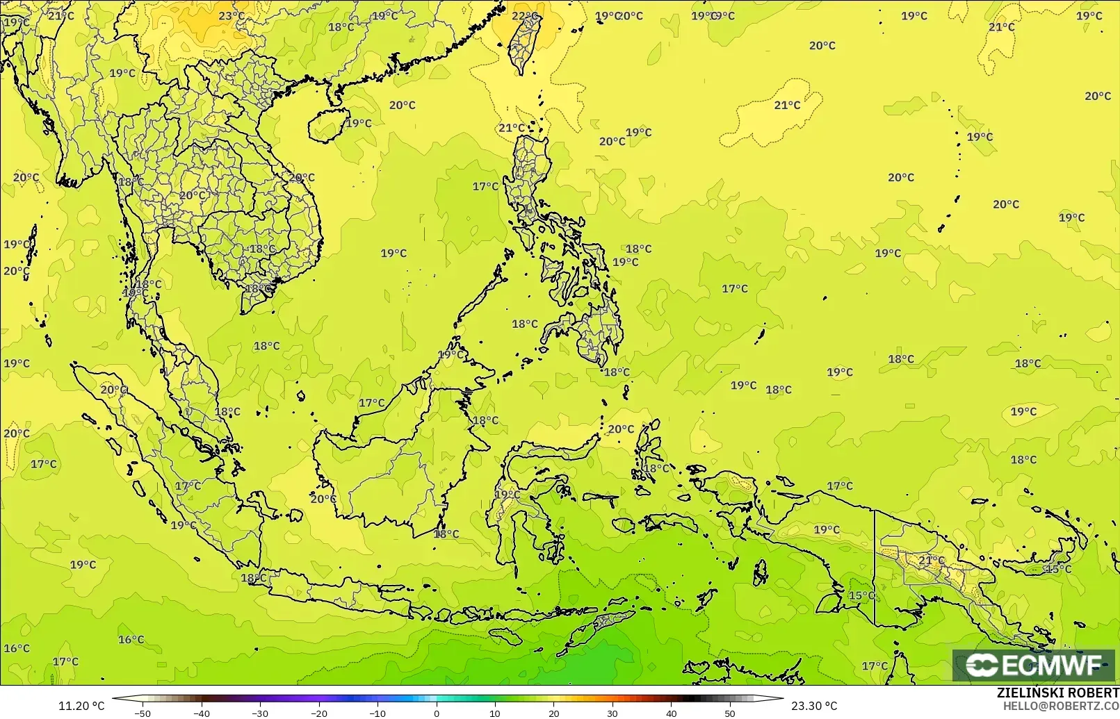 ECMWF IFS 0,25° modelo - Sudeste Asiático, Temperatura a 850 hPa