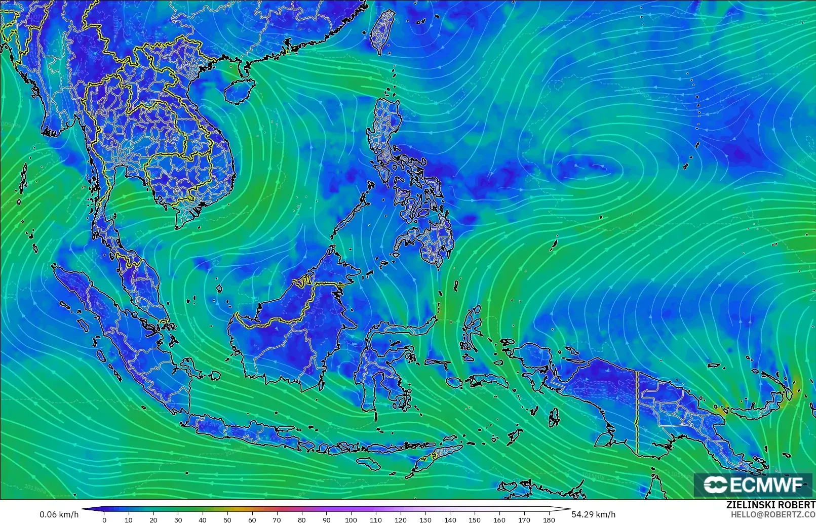 ECMWF IFS 0,25° modelo - Sudeste Asiático, Vento a 10 m