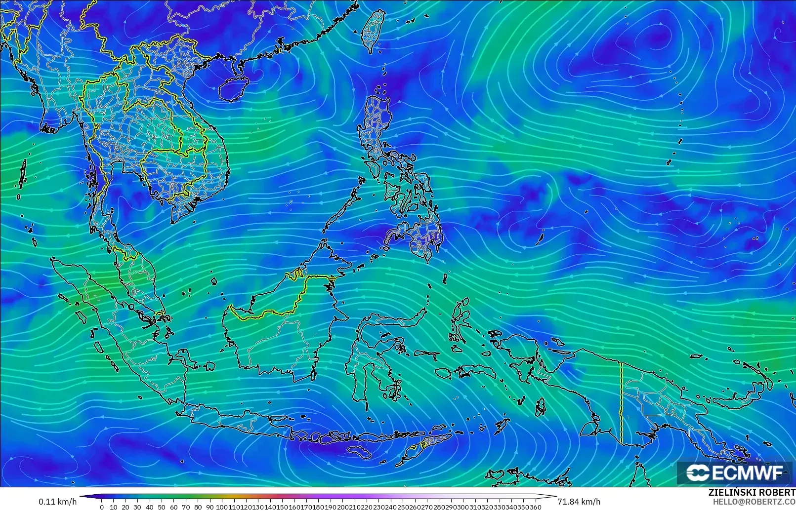 ECMWF IFS 0,25° modelo - Sudeste Asiático, Vento a 300 hPa (corrente em jato)