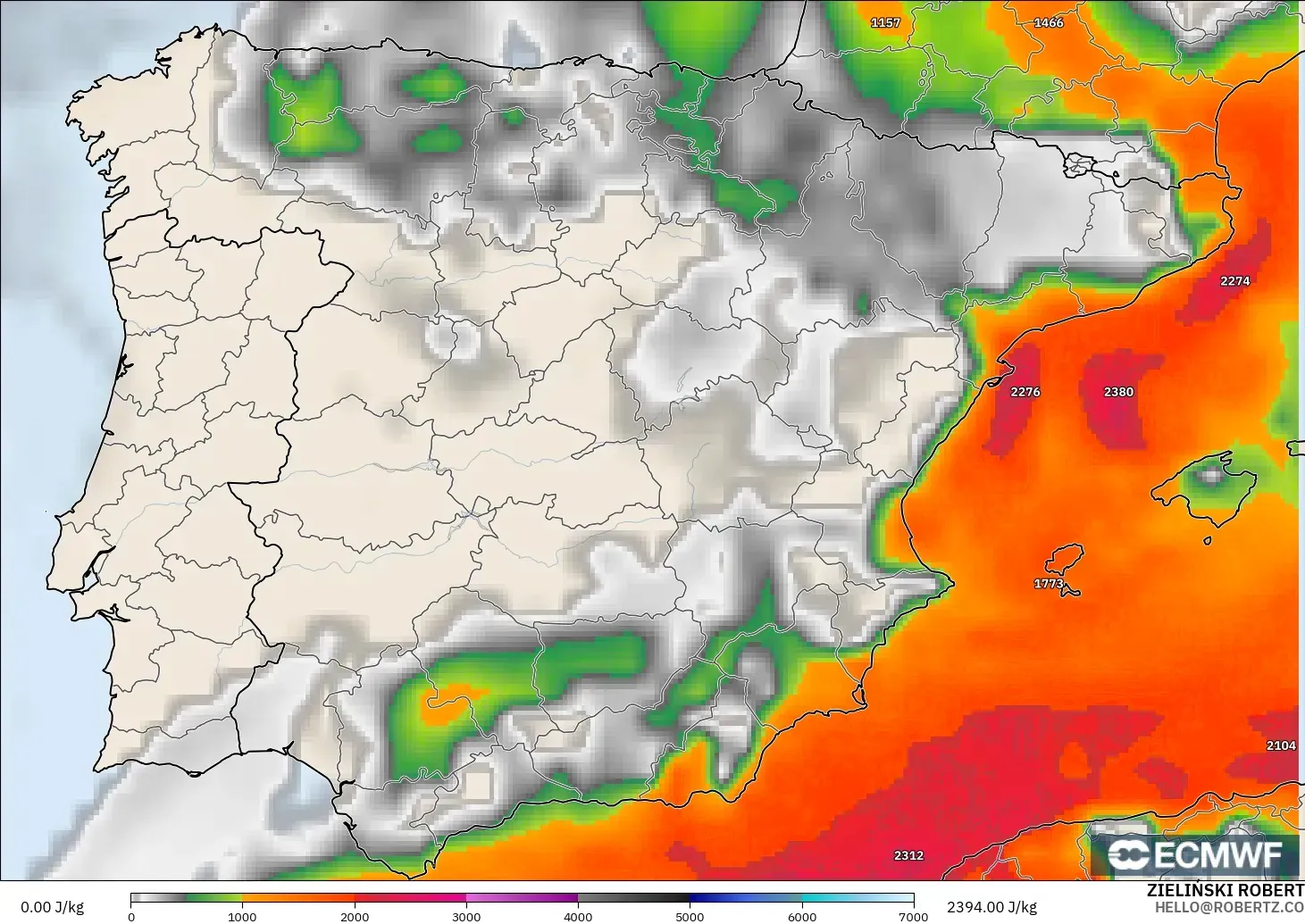 ECMWF IFS 0,25° modelo - Espanha, CAPE