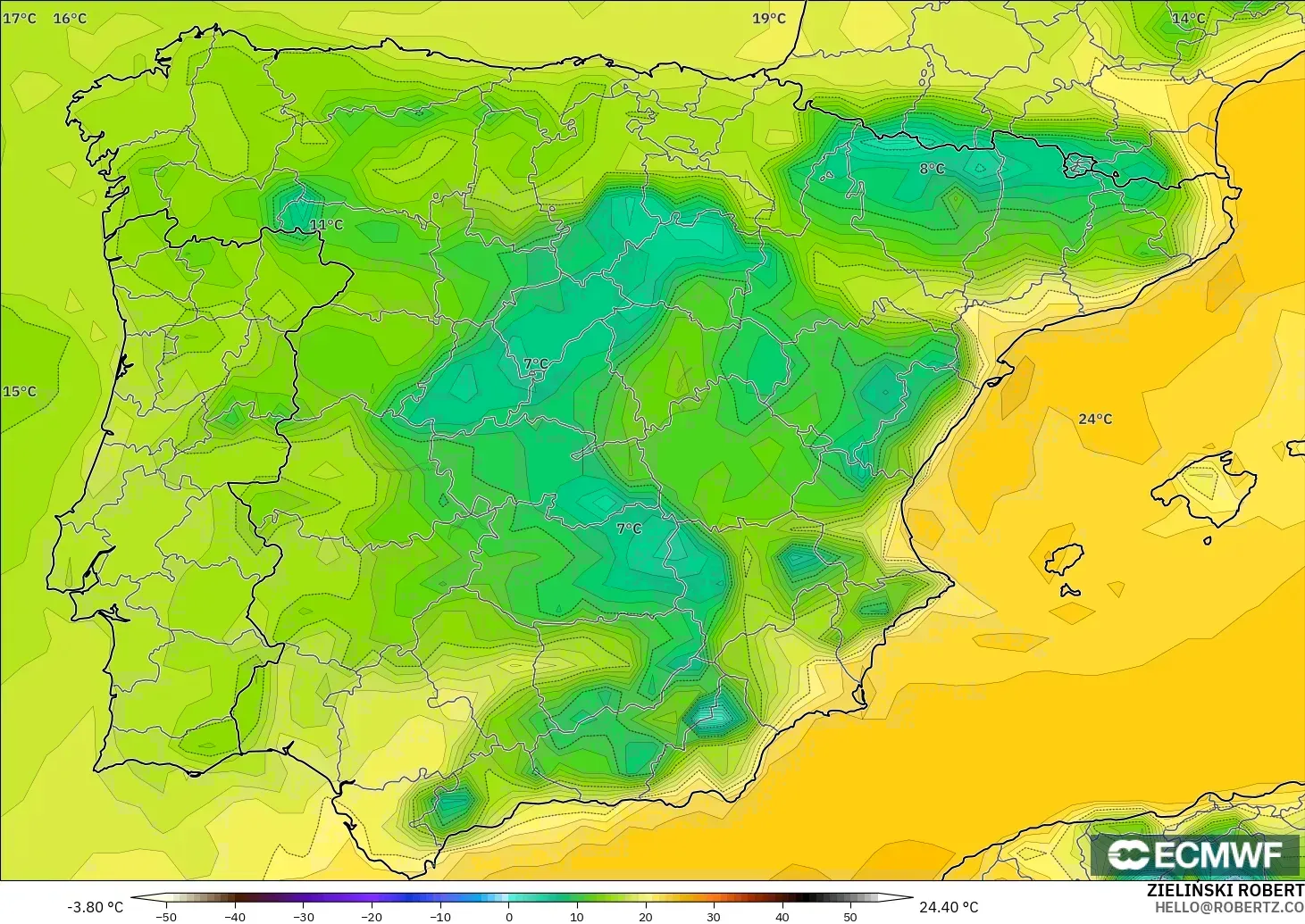 ECMWF IFS 0,25° modelo - Espanha, Ponto de orvalho a 2 m