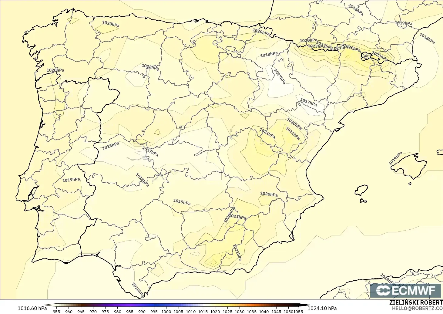 ECMWF IFS 0,25° modelo - Espanha, Pressão