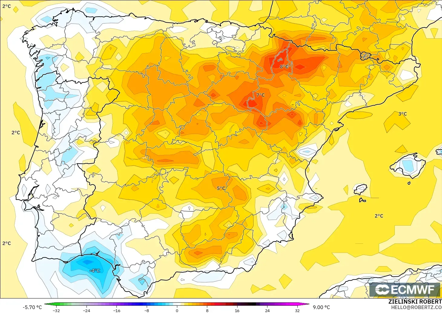ECMWF IFS 0,25° modelo - Espanha, Anomalia de temperatura a 2 m