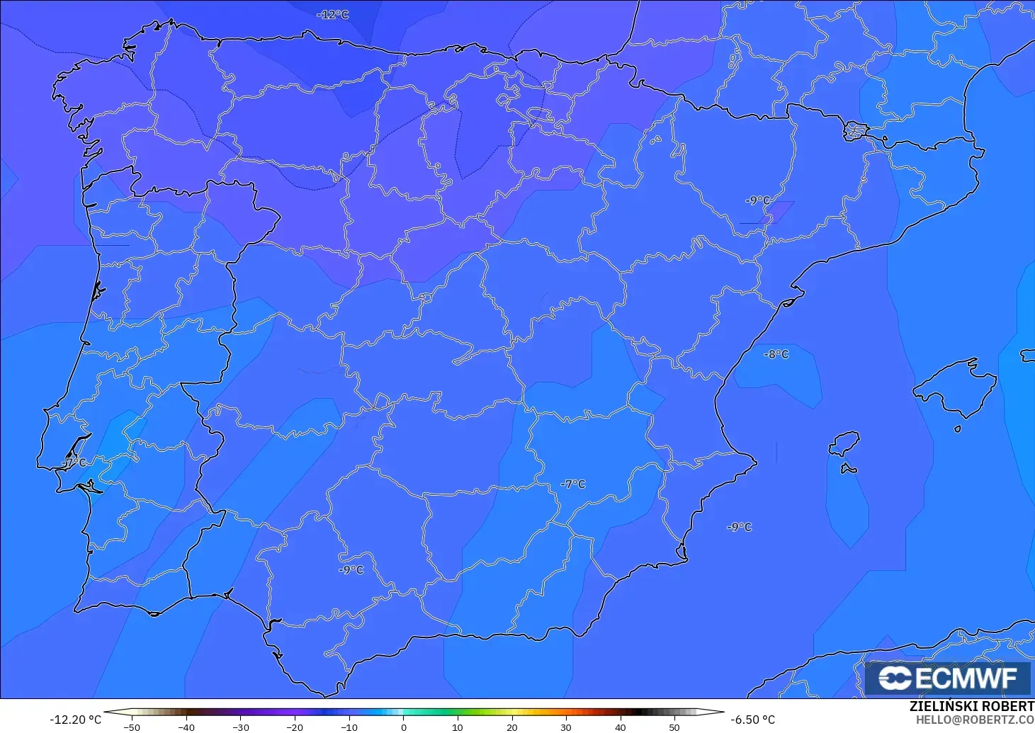 ECMWF IFS 0,25° modelo - Espanha, Temperatura a 500 hPa