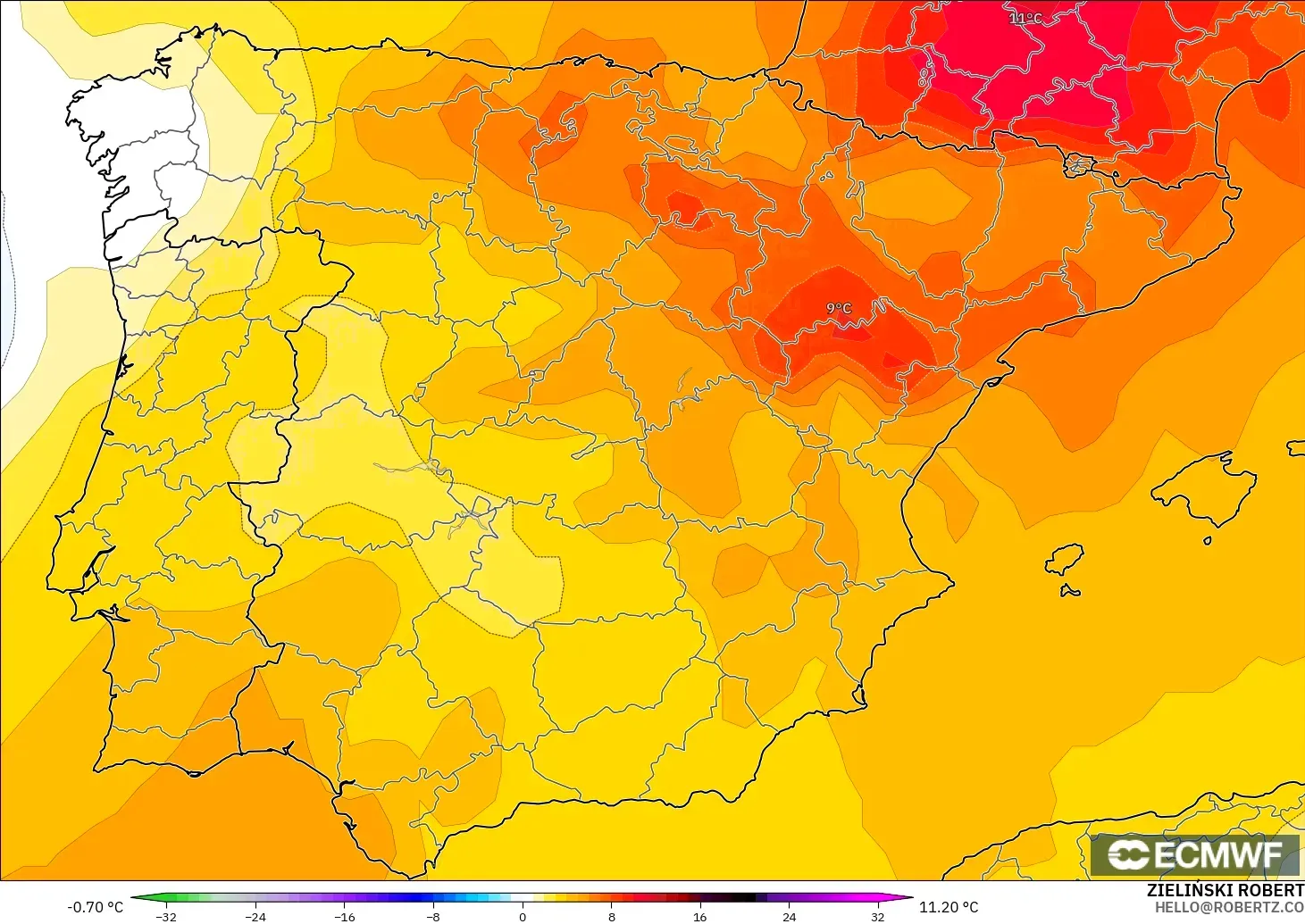 ECMWF IFS 0,25° modelo - Espanha, Anomalia de temperatura a 850 hPa