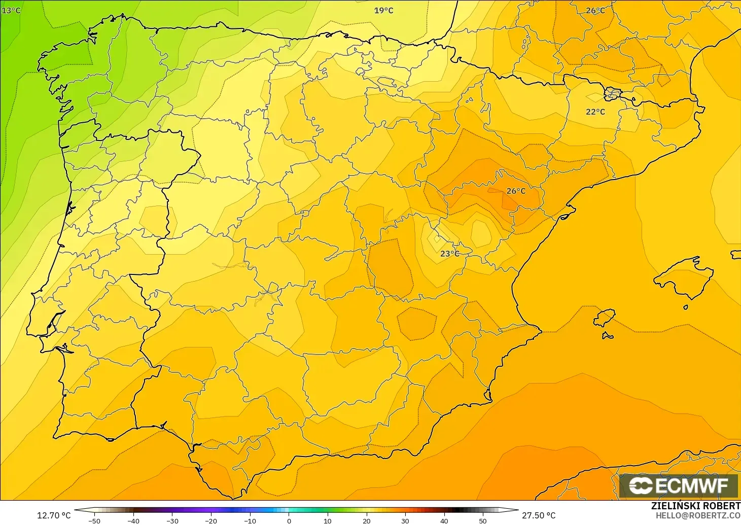 ECMWF IFS 0,25° modelo - Espanha, Temperatura a 850 hPa