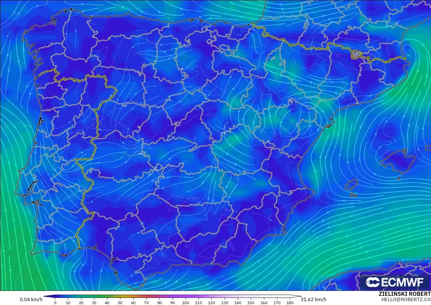 ECMWF IFS 0,25° modelo - Espanha, Vento a 10 m