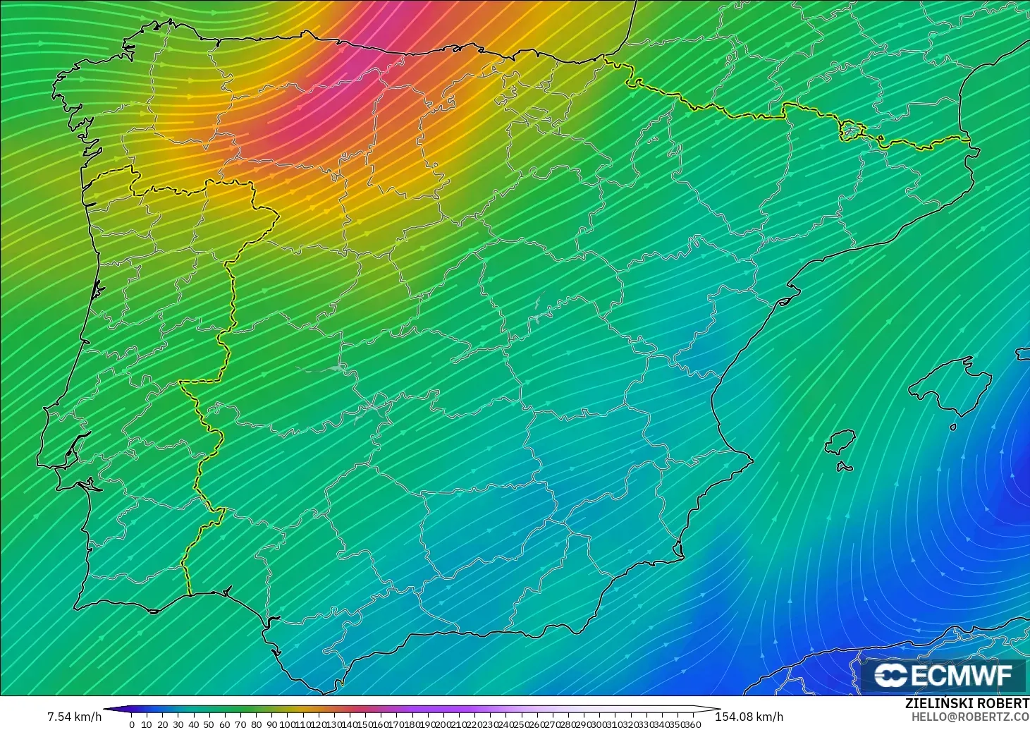 ECMWF IFS 0,25° modelo - Espanha, Vento a 300 hPa (corrente em jato)