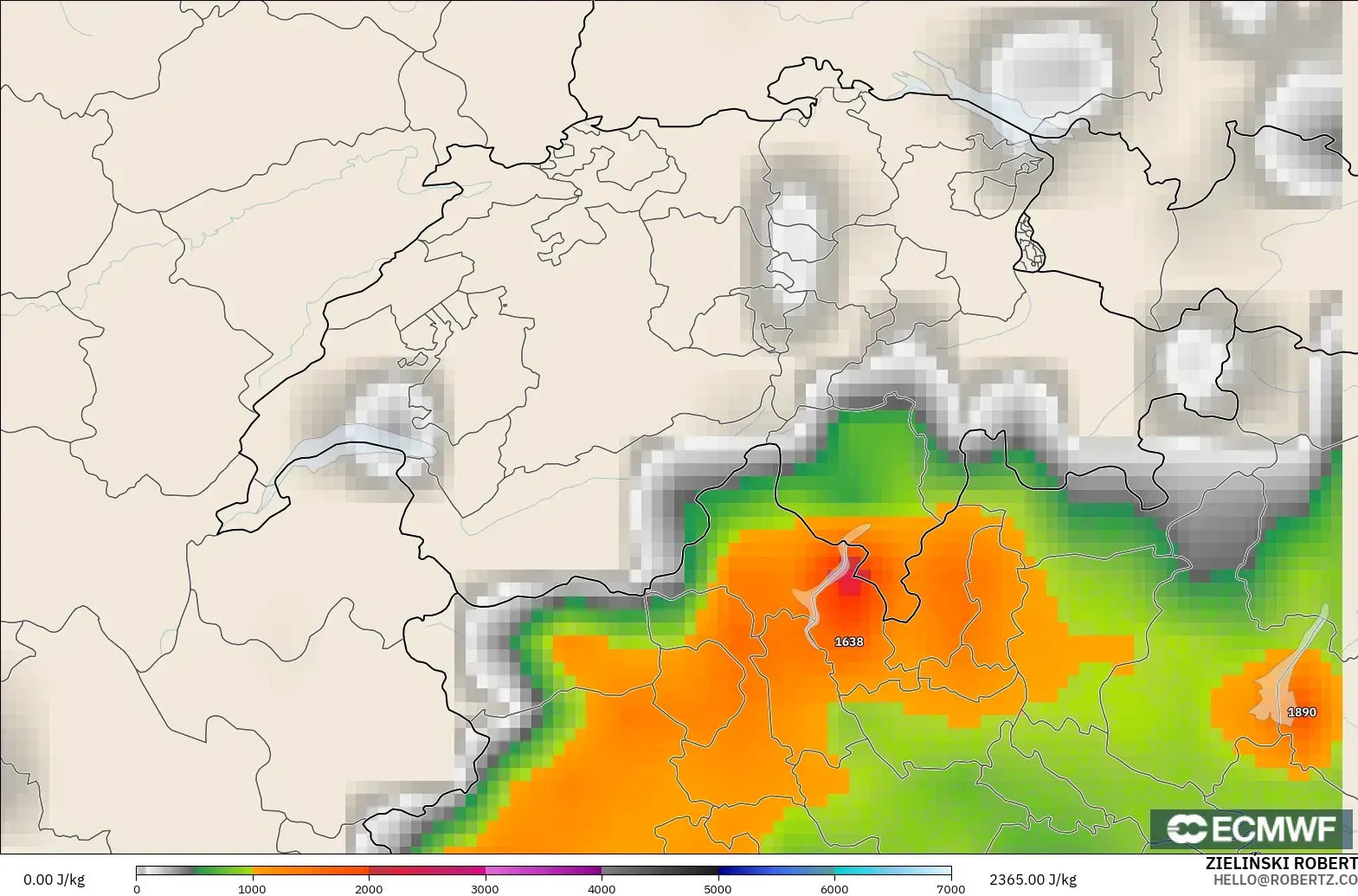 ECMWF IFS 0,25° modelo - Suíça, CAPE