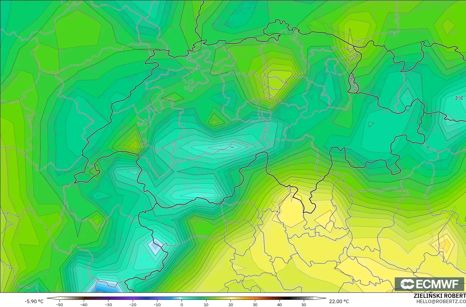 ECMWF IFS 0,25° modelo - Suíça, Ponto de orvalho a 2 m