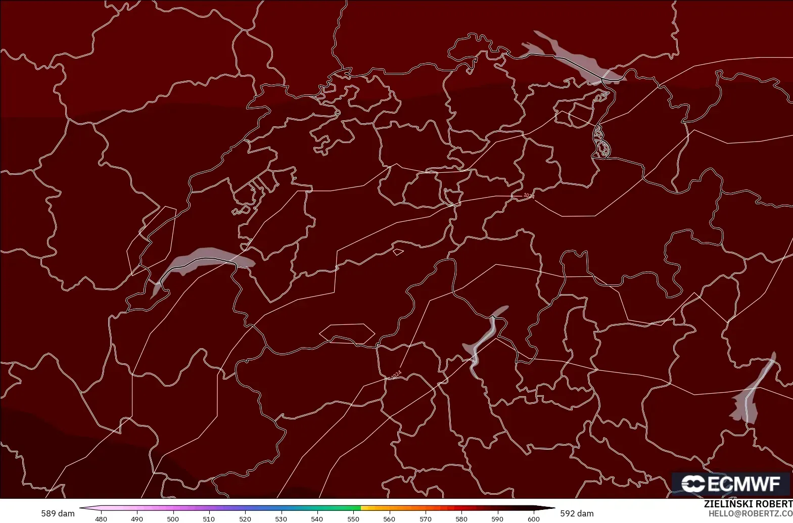 ECMWF IFS 0,25° modelo - Suíça, Altura geopotencial a 500 hPa