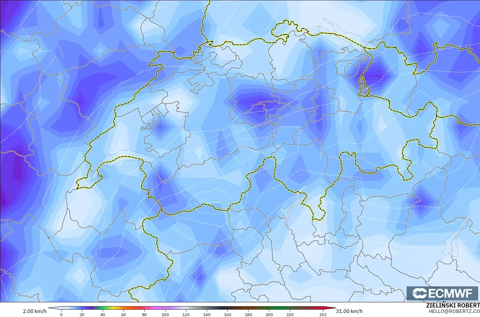ECMWF IFS 0,25° modelo - Suíça, Rajadas de vento