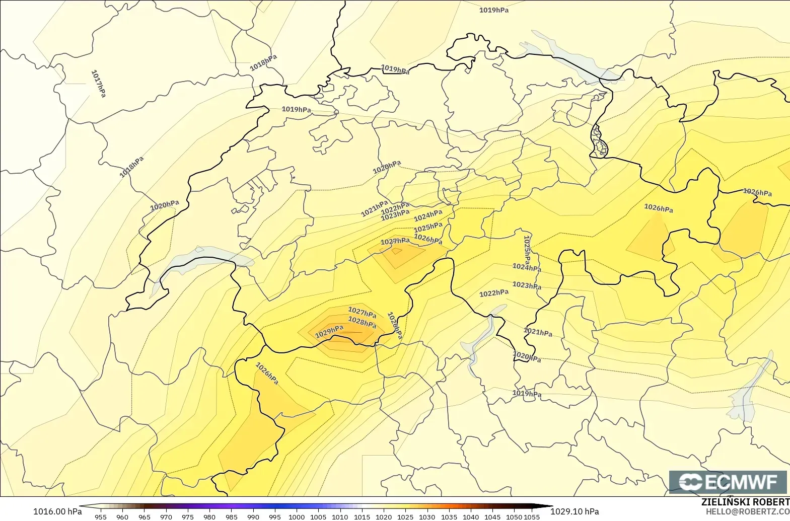 ECMWF IFS 0,25° modelo - Suíça, Pressão