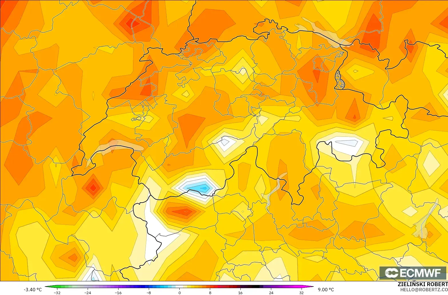 ECMWF IFS 0,25° modelo - Suíça, Anomalia de temperatura a 2 m