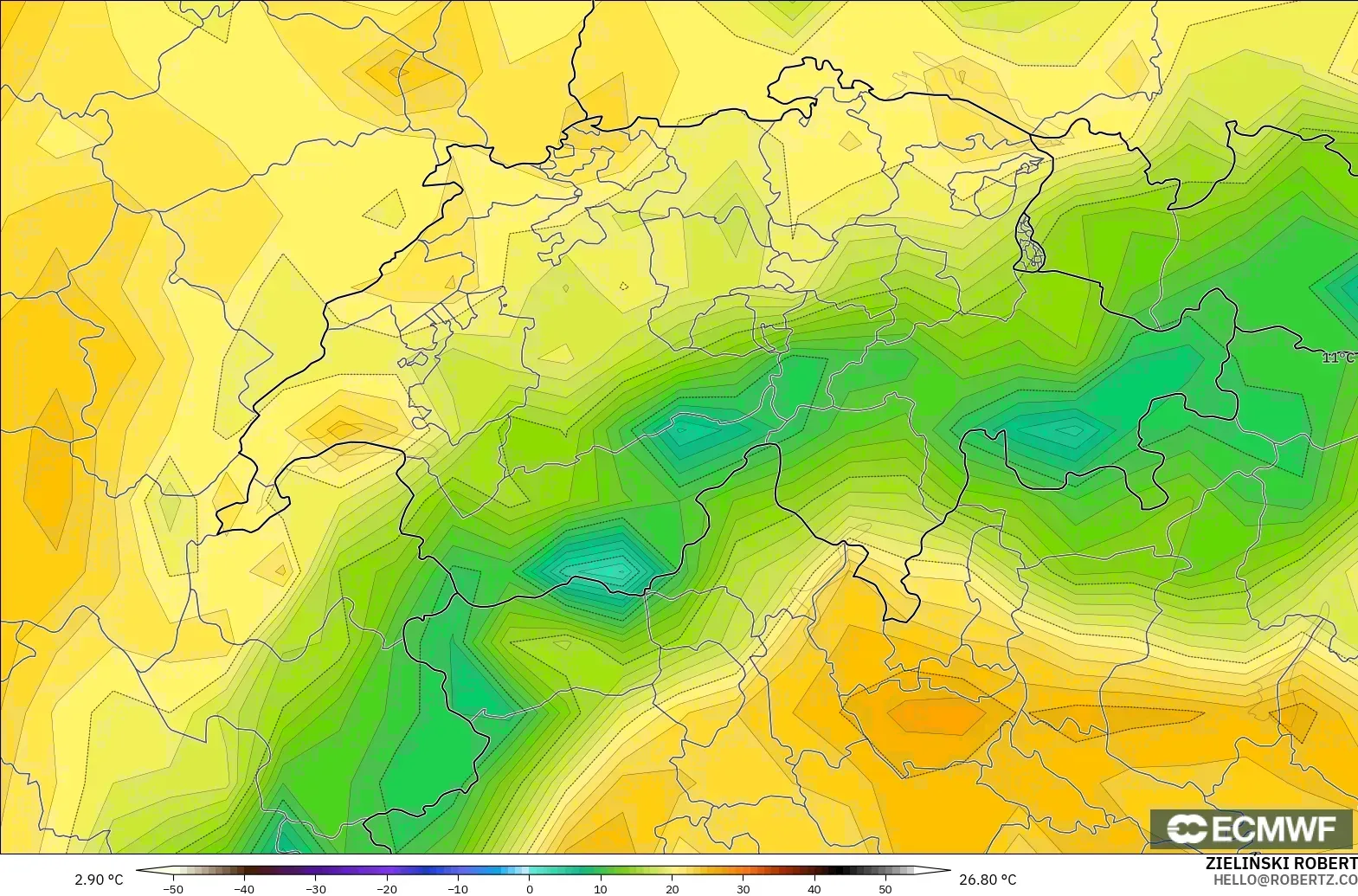 ECMWF IFS 0,25° modelo - Suíça, Temperatura a 2 m
