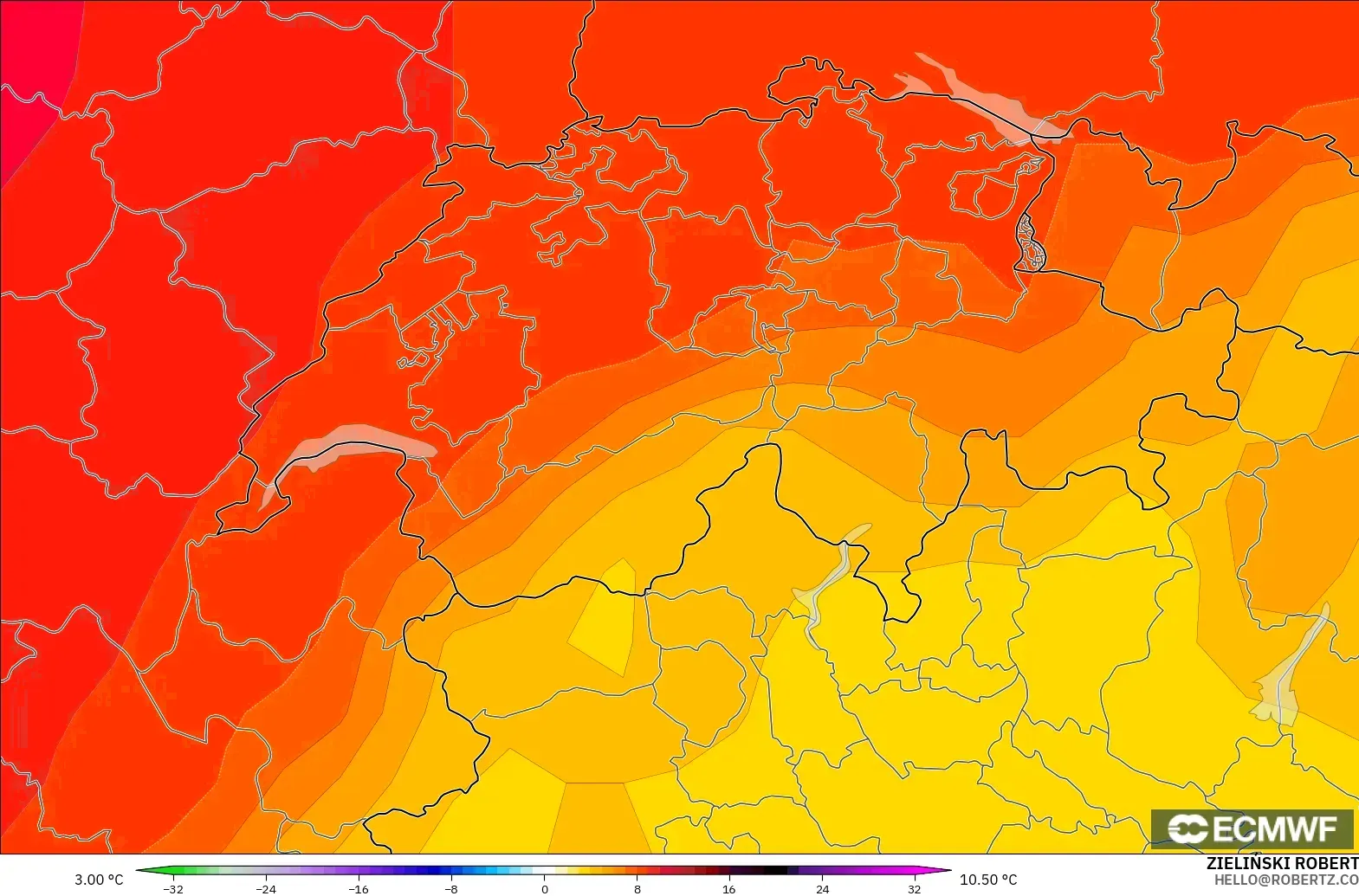 ECMWF IFS 0,25° modelo - Suíça, Anomalia de temperatura a 850 hPa