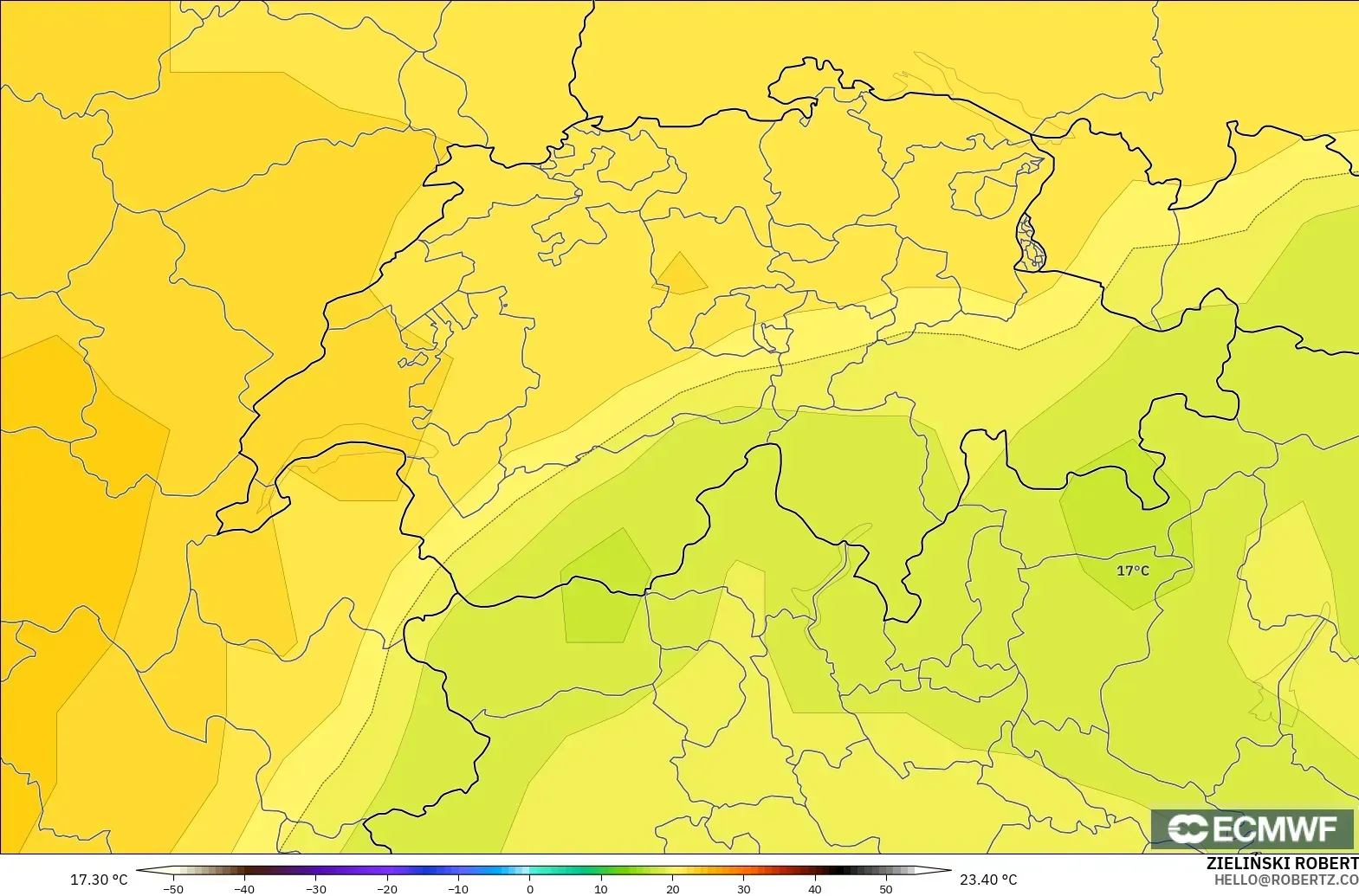 ECMWF IFS 0,25° modelo - Suíça, Temperatura a 850 hPa