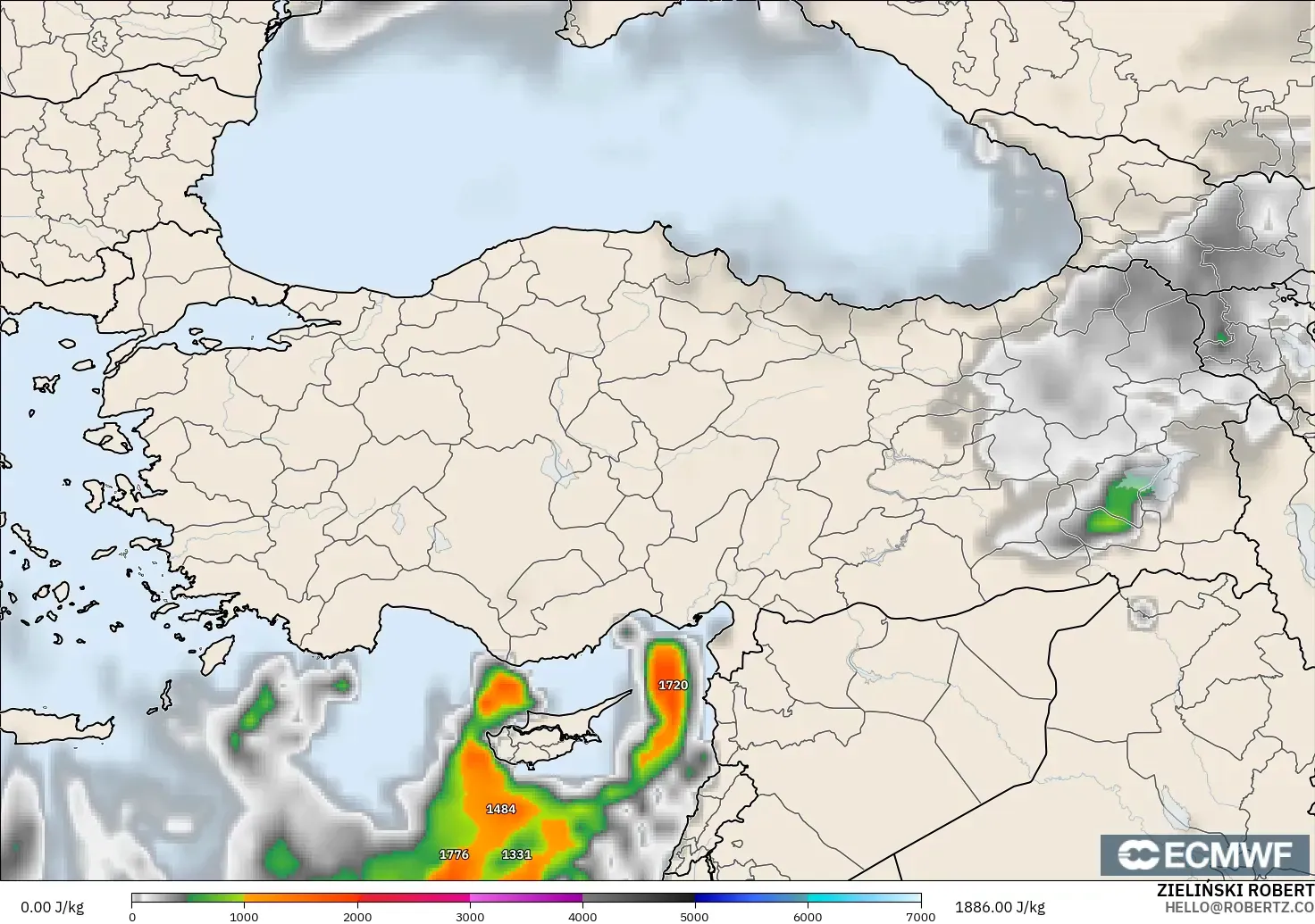 ECMWF IFS 0,25° modelo - Turquia, CAPE