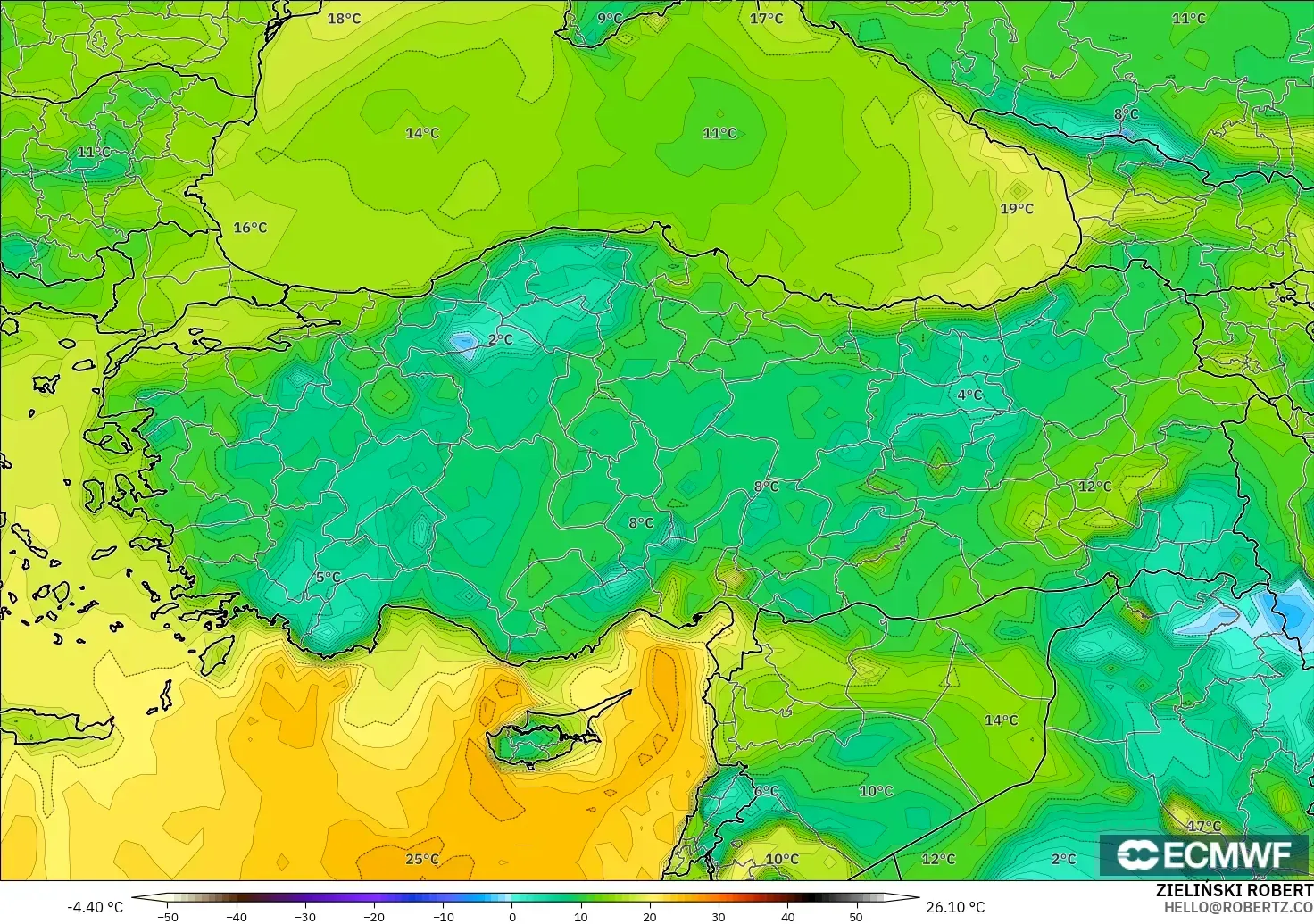 ECMWF IFS 0,25° modelo - Turquia, Ponto de orvalho a 2 m