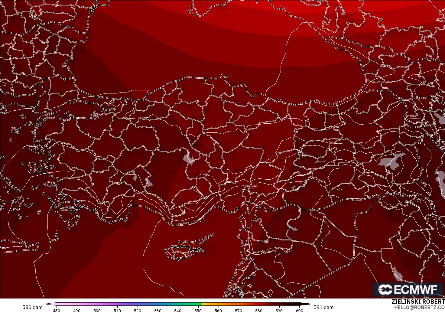 ECMWF IFS 0,25° modelo - Turquia, Altura geopotencial a 500 hPa