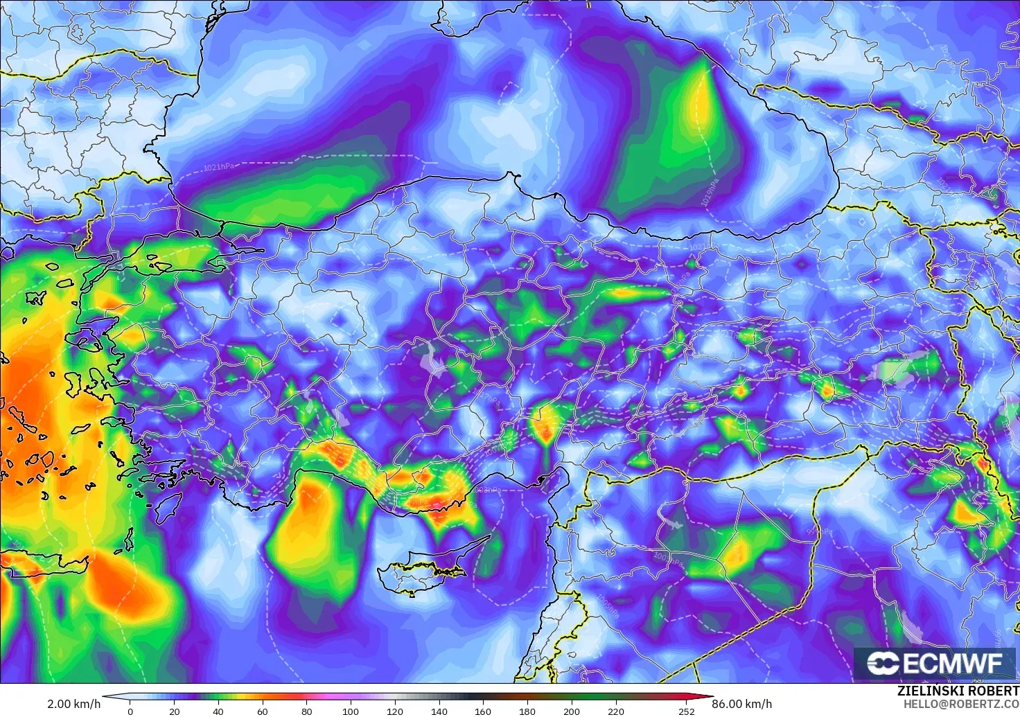 ECMWF IFS 0,25° modelo - Turquia, Rajadas de vento