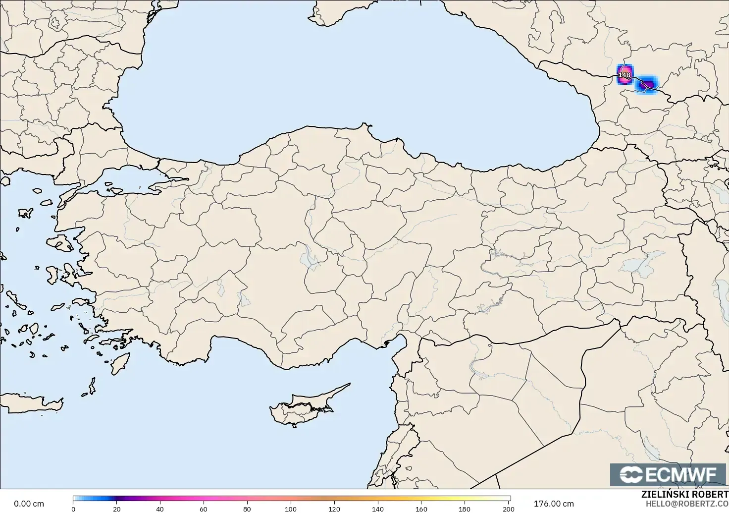 ECMWF IFS 0,25° modelo - Turquia, Profundidade da neve