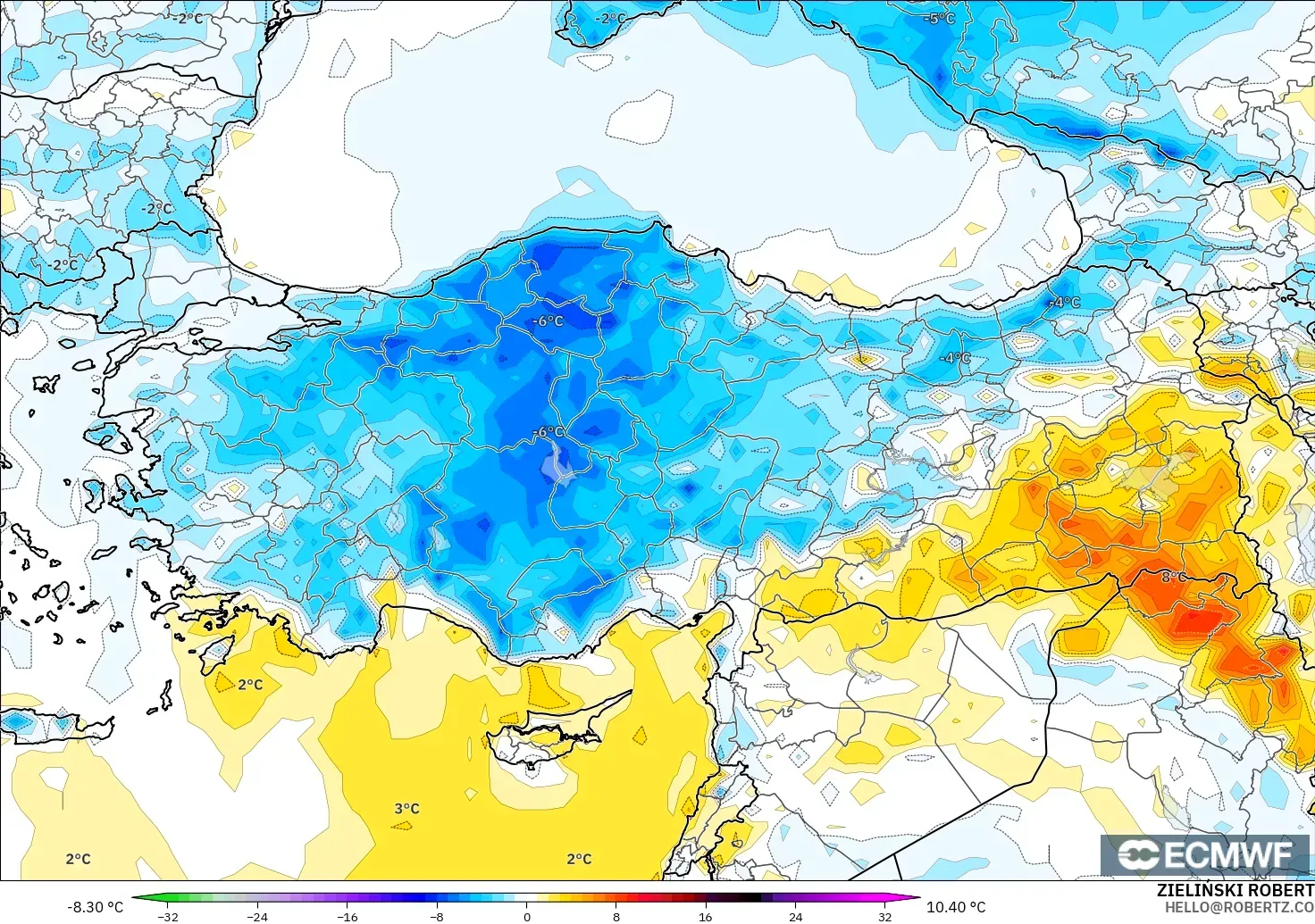 ECMWF IFS 0,25° modelo - Turquia, Anomalia de temperatura a 2 m