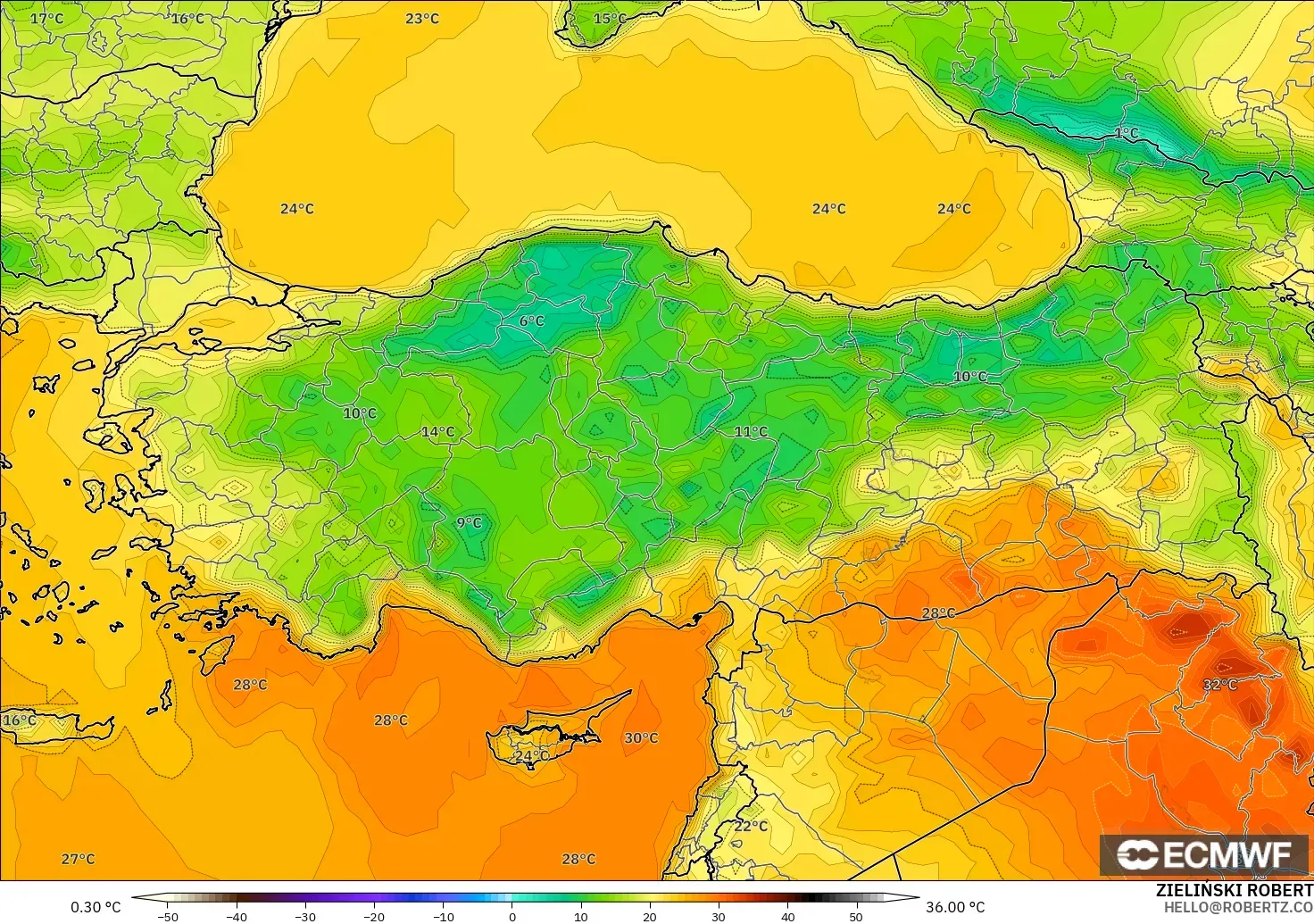 ECMWF IFS 0,25° modelo - Turquia, Temperatura a 2 m