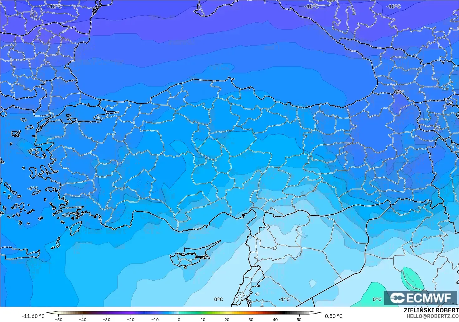 ECMWF IFS 0,25° modelo - Turquia, Temperatura a 500 hPa