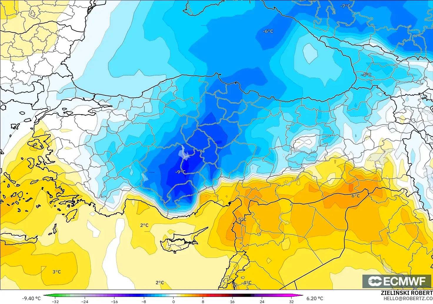 ECMWF IFS 0,25° modelo - Turquia, Anomalia de temperatura a 850 hPa