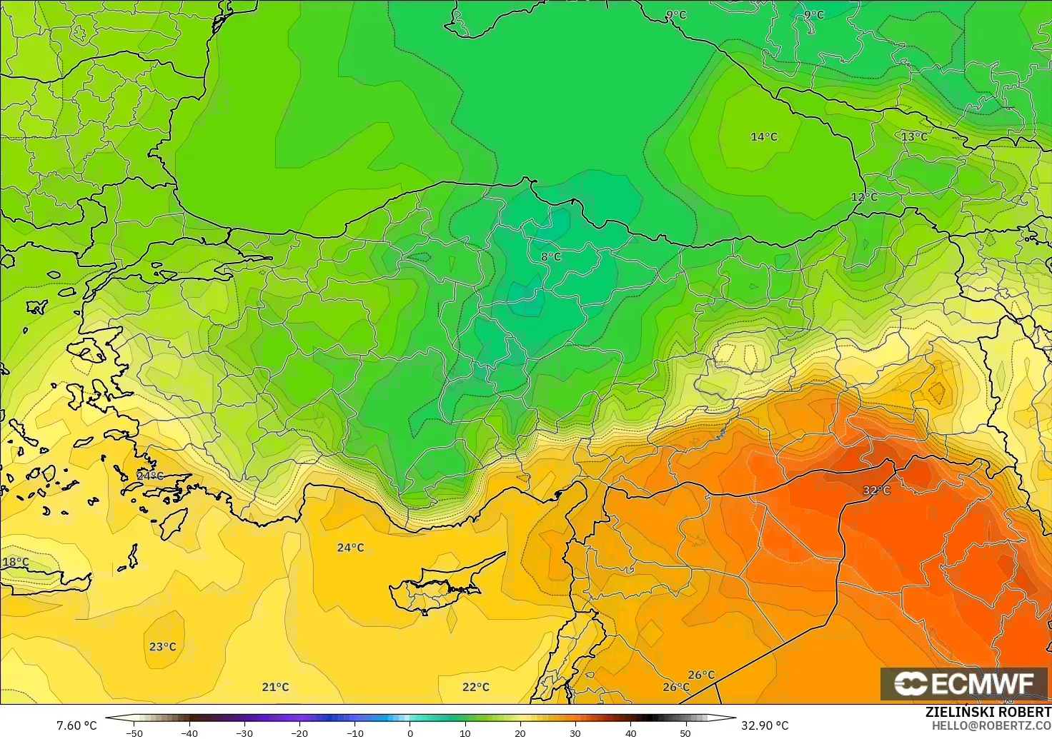 ECMWF IFS 0,25° modelo - Turquia, Temperatura a 850 hPa