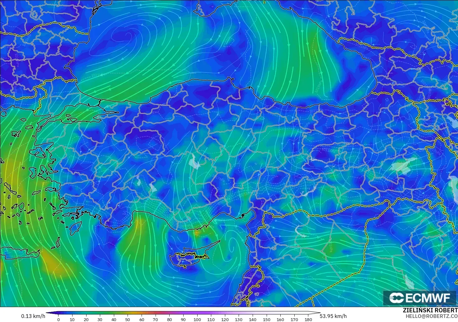 ECMWF IFS 0,25° modelo - Turquia, Vento a 10 m