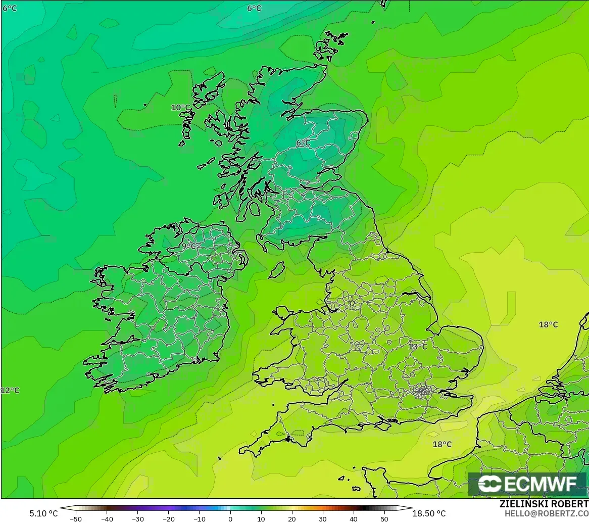 ECMWF IFS 0,25° modelo - Reino Unido, Ponto de orvalho a 2 m