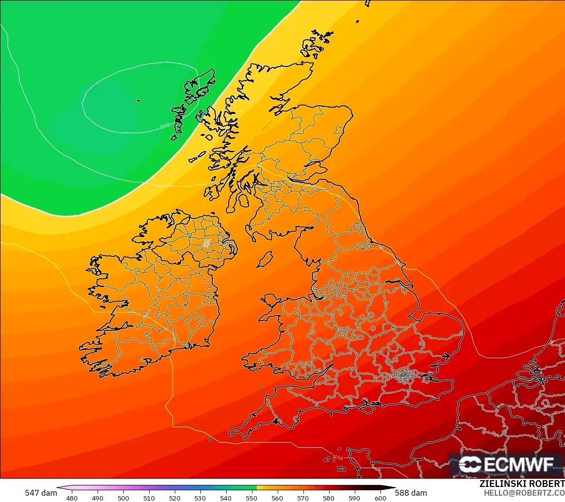 ECMWF IFS 0,25° modelo - Reino Unido, Altura geopotencial a 500 hPa