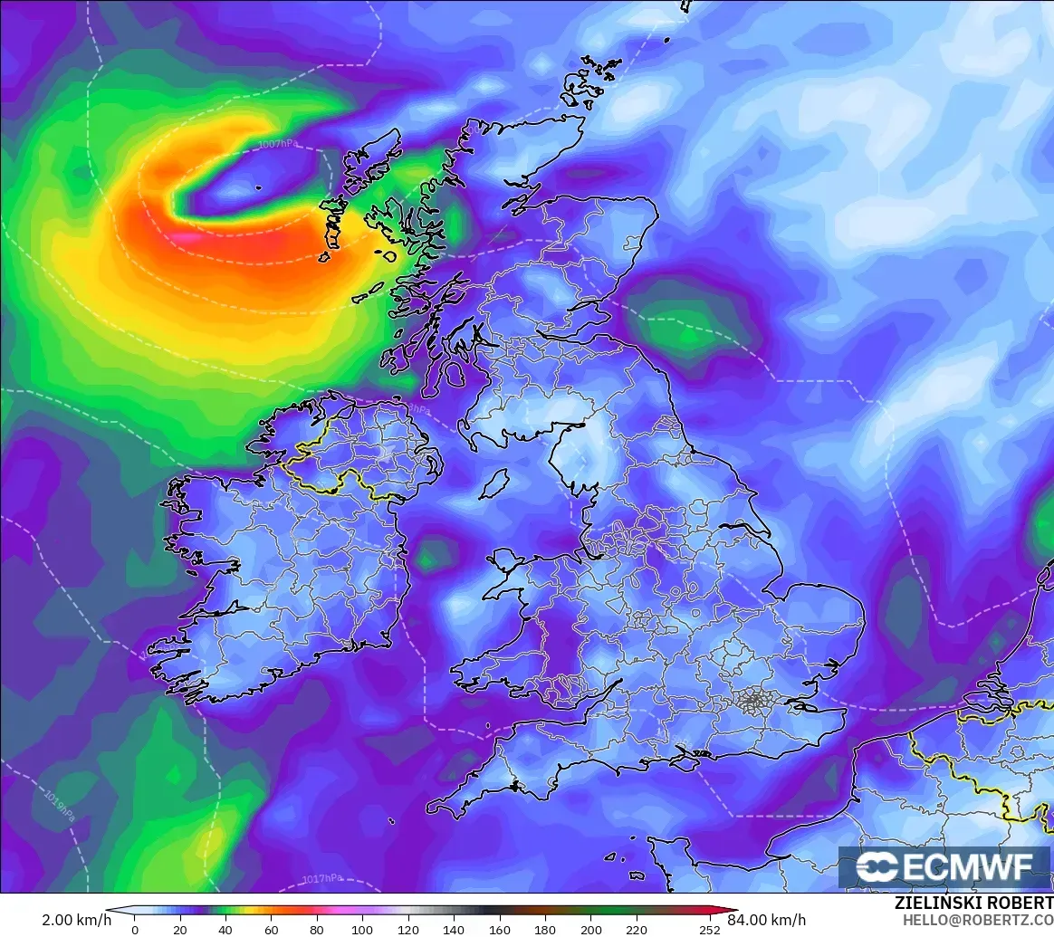 ECMWF IFS 0,25° modelo - Reino Unido, Rajadas de Vento Máximas