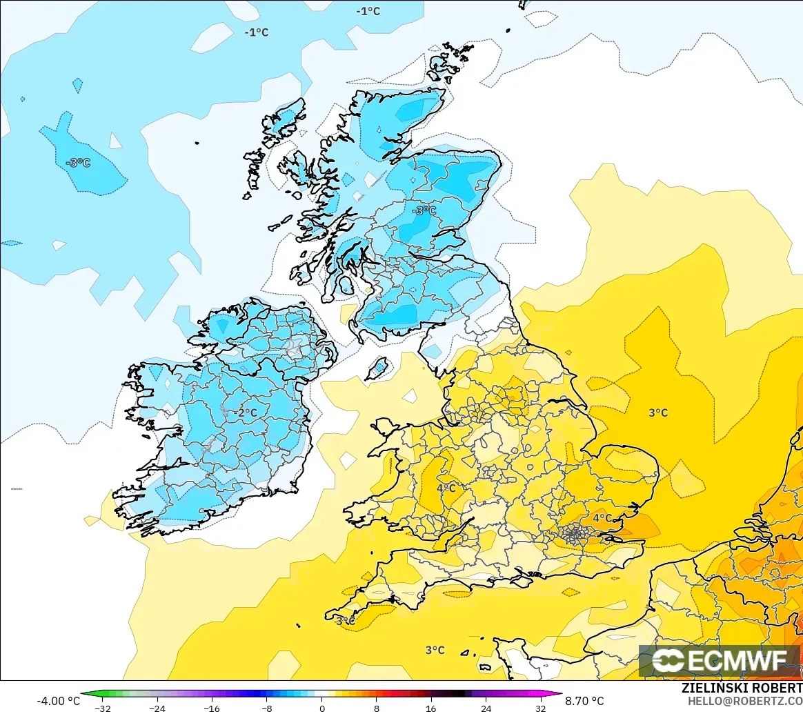 ECMWF IFS 0,25° modelo - Reino Unido, Anomalia de temperatura a 2 m