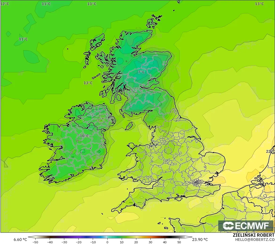 ECMWF IFS 0,25° modelo - Reino Unido, Temperatura a 2 m