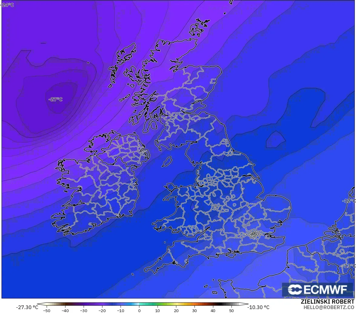ECMWF IFS 0,25° modelo - Reino Unido, Temperatura a 500 hPa