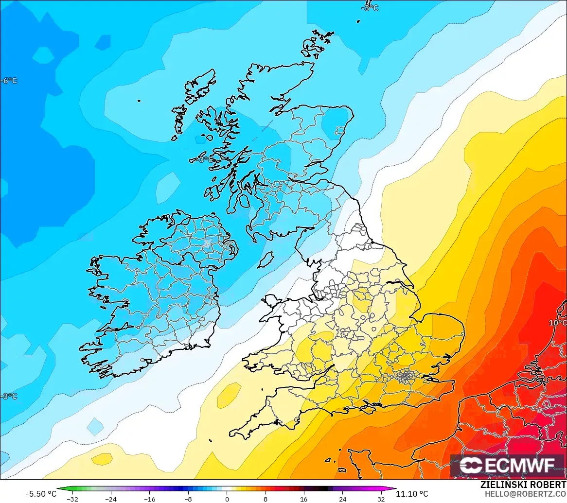 ECMWF IFS 0,25° modelo - Reino Unido, Anomalia de temperatura a 850 hPa