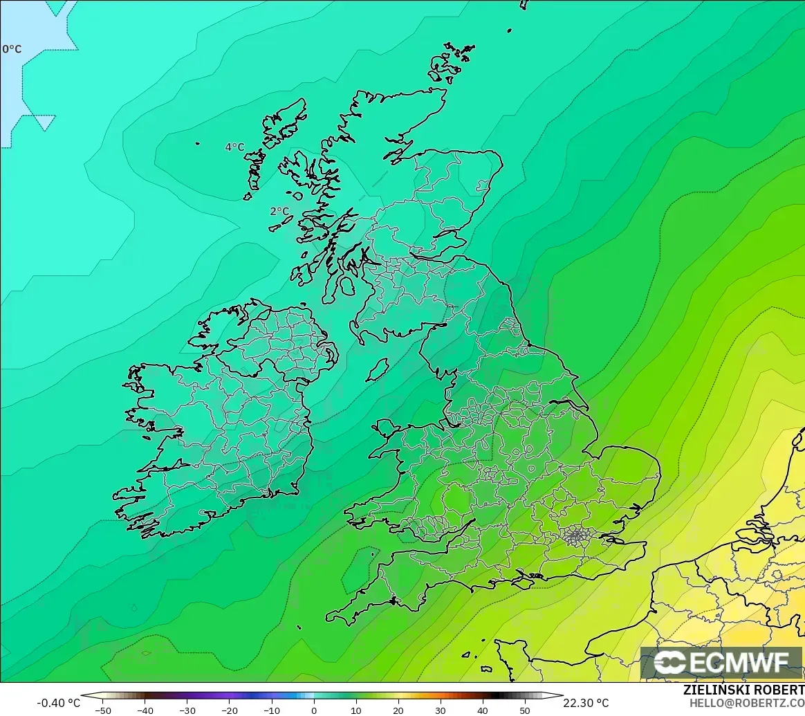 ECMWF IFS 0,25° modelo - Reino Unido, Temperatura a 850 hPa