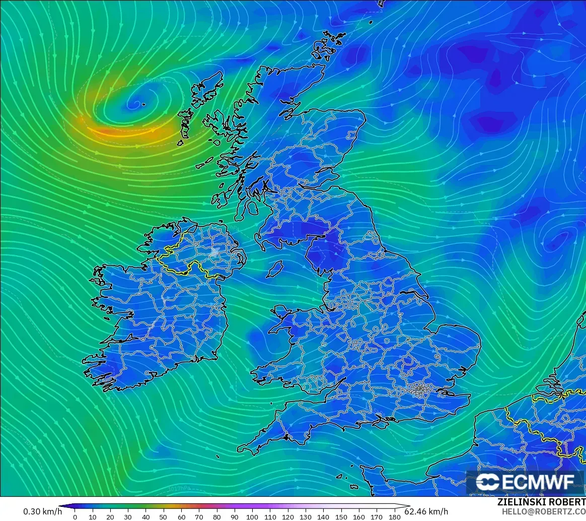 ECMWF IFS 0,25° modelo - Reino Unido, Vento a 10 m
