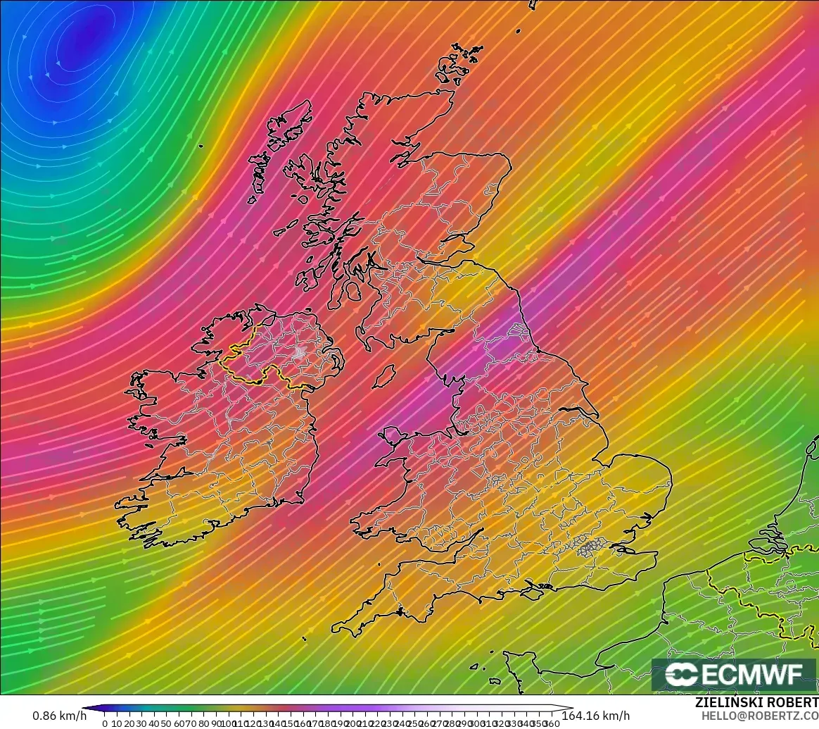 ECMWF IFS 0,25° modelo - Reino Unido, Vento a 300 hPa (corrente em jato)