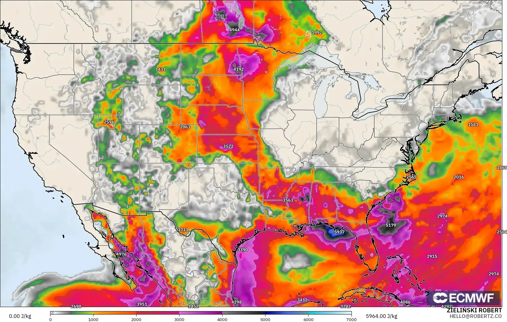 ECMWF IFS 0,25° modelo - Estados Unidos, CAPE
