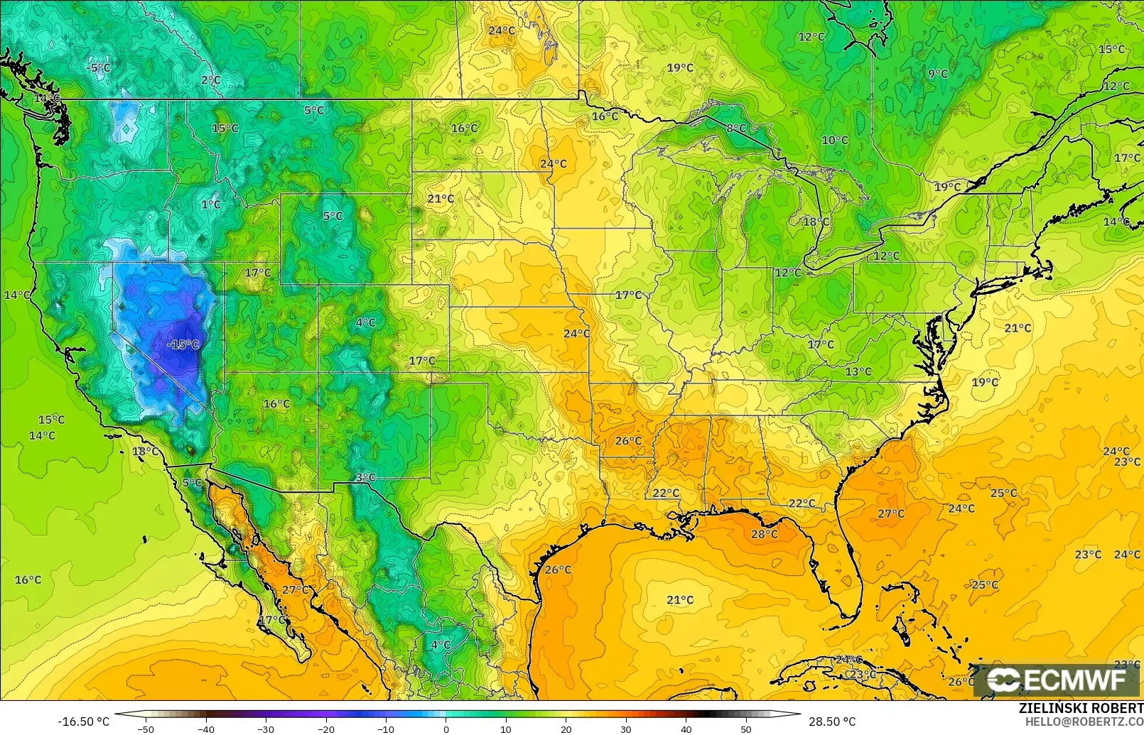 ECMWF IFS 0,25° modelo - Estados Unidos, Ponto de orvalho a 2 m