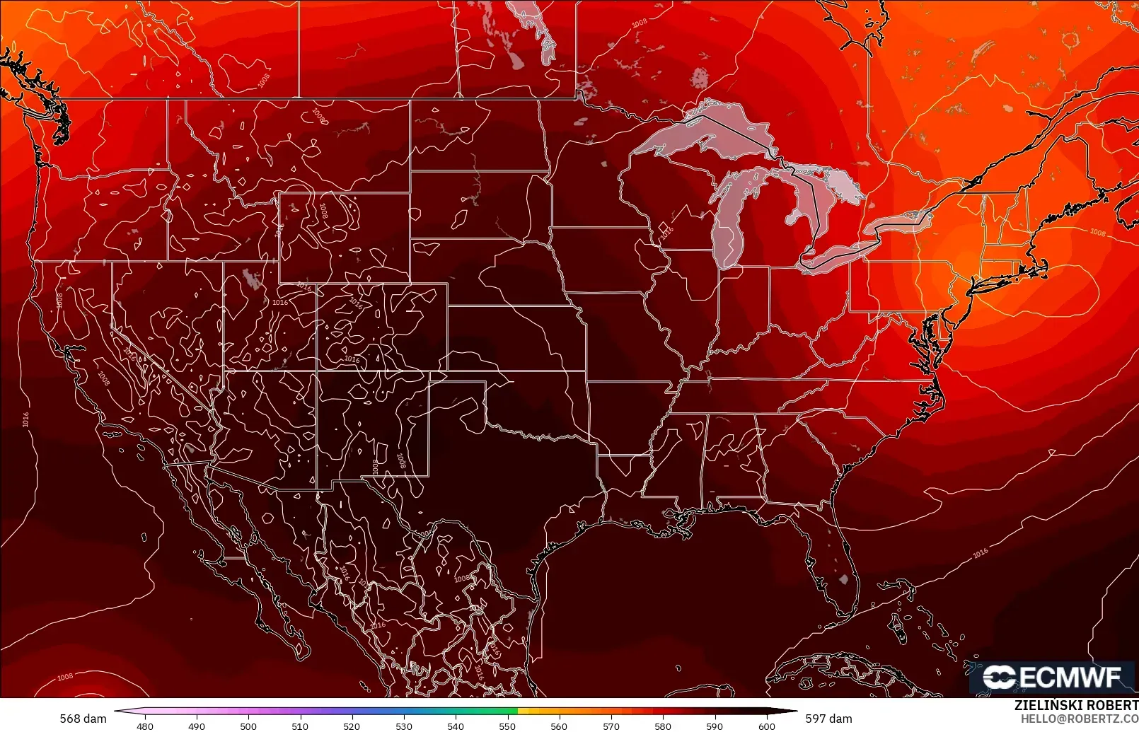 ECMWF IFS 0,25° modelo - Estados Unidos, Altura geopotencial a 500 hPa