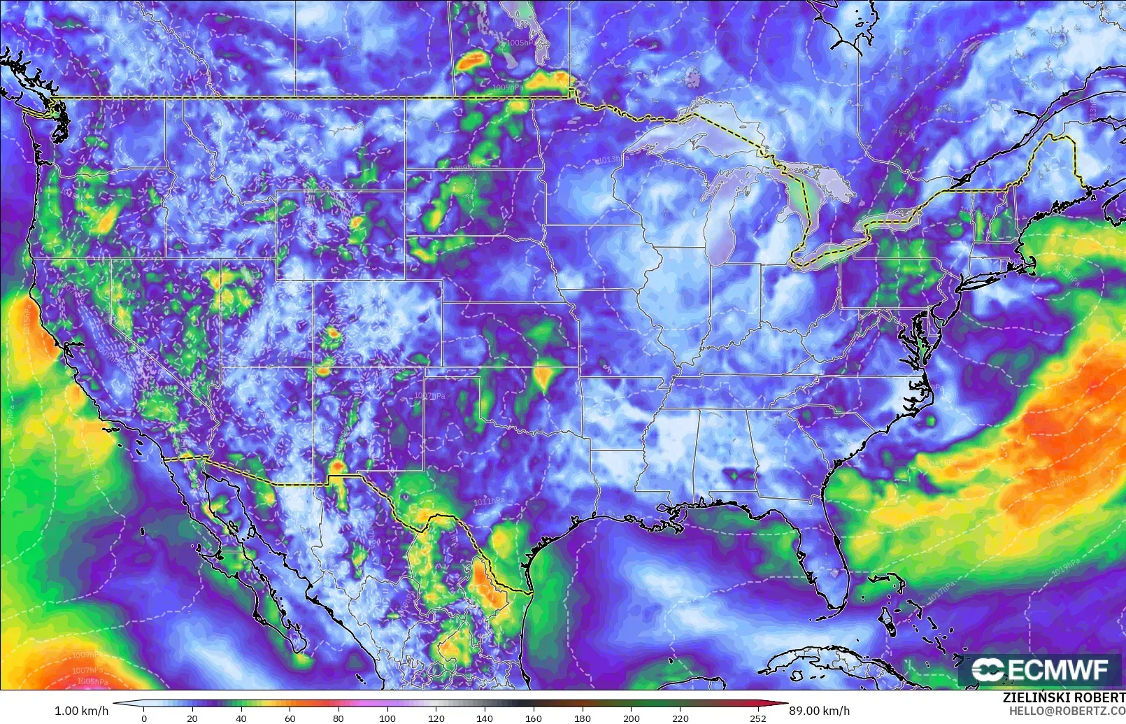 ECMWF IFS 0,25° modelo - Estados Unidos, Rajadas de vento