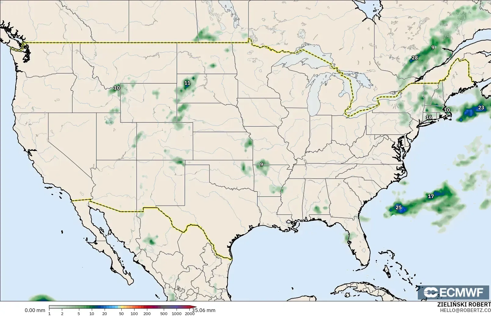 ECMWF IFS 0,25° modelo - Estados Unidos, Acúmulo de precipitação