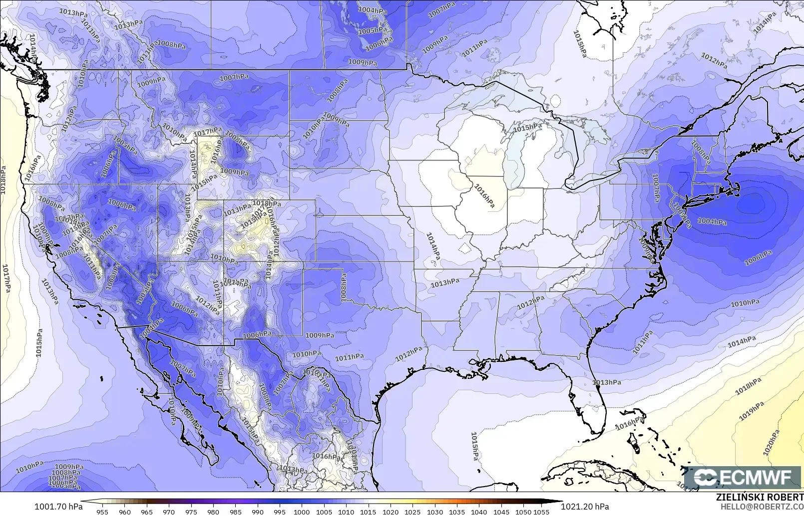 ECMWF IFS 0,25° modelo - Estados Unidos, Pressão